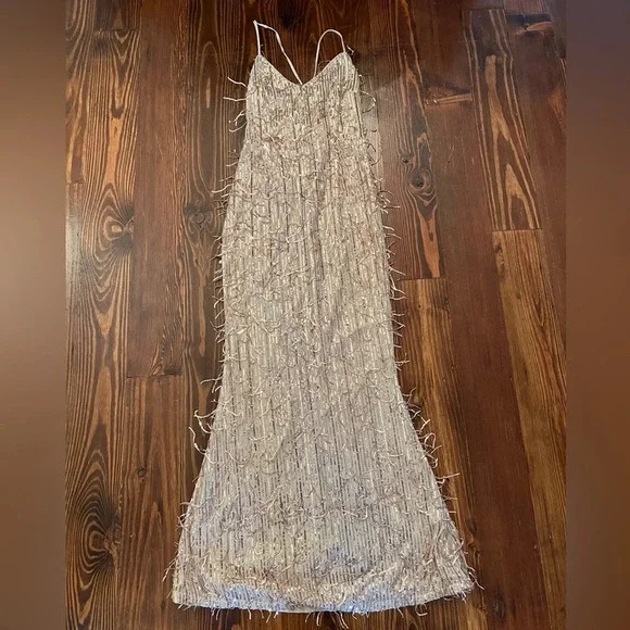 LULUS Endless Festivities Rose Gold Sequin Fringe Lace-Up Maxi Dress Formal Gown - Picture 6 of 13